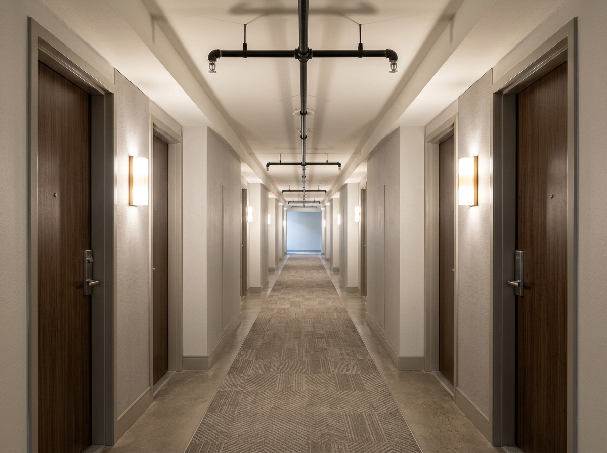 Sprinkler heads and piping in a multifamily corridor in Milwaukee, WI